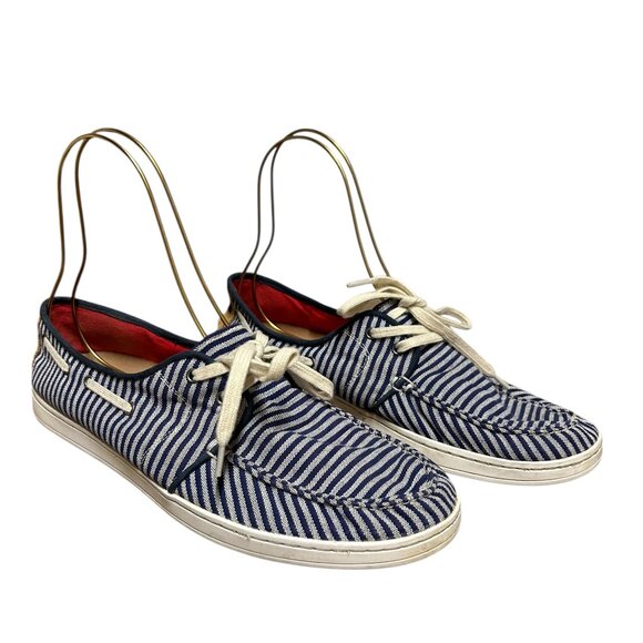 Toms Mens Culver Fabric Boat Shoe Size 9 1/2 Blue Stripe Tie Closed Toe - Picture 1 of 7